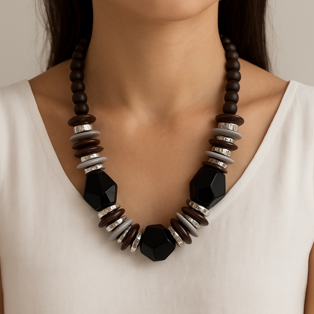 Chunky Necklace Wood Acrylic Brown Black Silver 18”